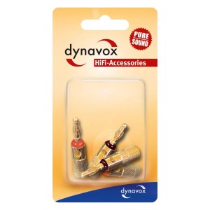 Dynavox Bananenstecker, vergoldet, 4er-Set (2x Rot, 2x Schwarz) für HiFi-Anschlüsse.