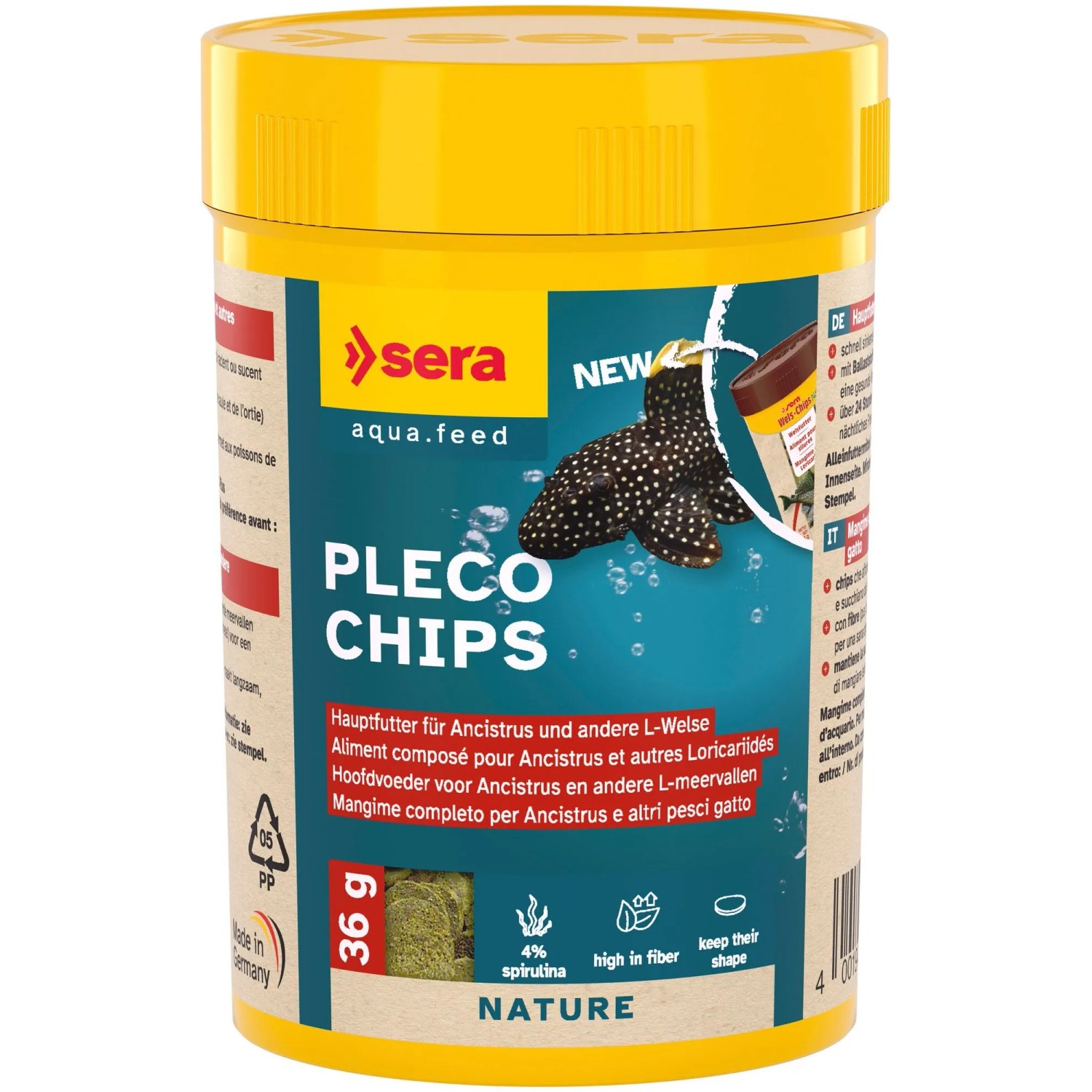 Sera Wels-Chips Nature, 100ml Tablettenfutter für Welse und andere Bodenfische im gelben Behälter.