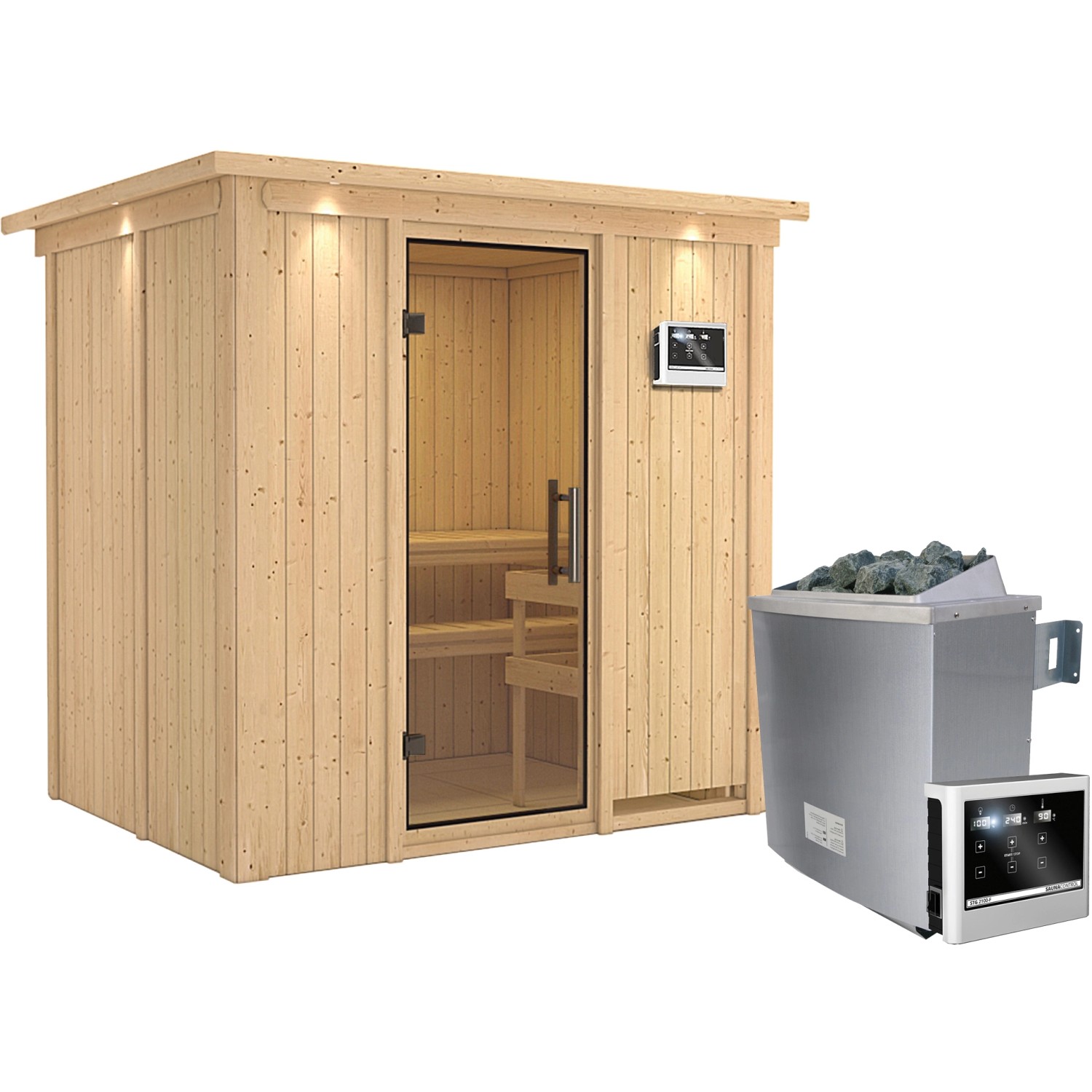 Karibu Sauna Bjarne, Ofen, externe Steuerung Easy, Glastür, LED-Dachkranz