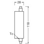Technische Zeichnung: Osram LED-Lampe Line 118 R7S, Maße 11,8 cm x 2,8 cm.