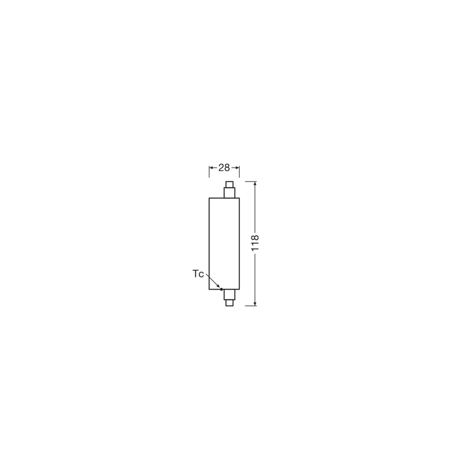 Technische Zeichnung: Osram LED-Lampe Line 118 R7S, Maße 11,8 cm x 2,8 cm.