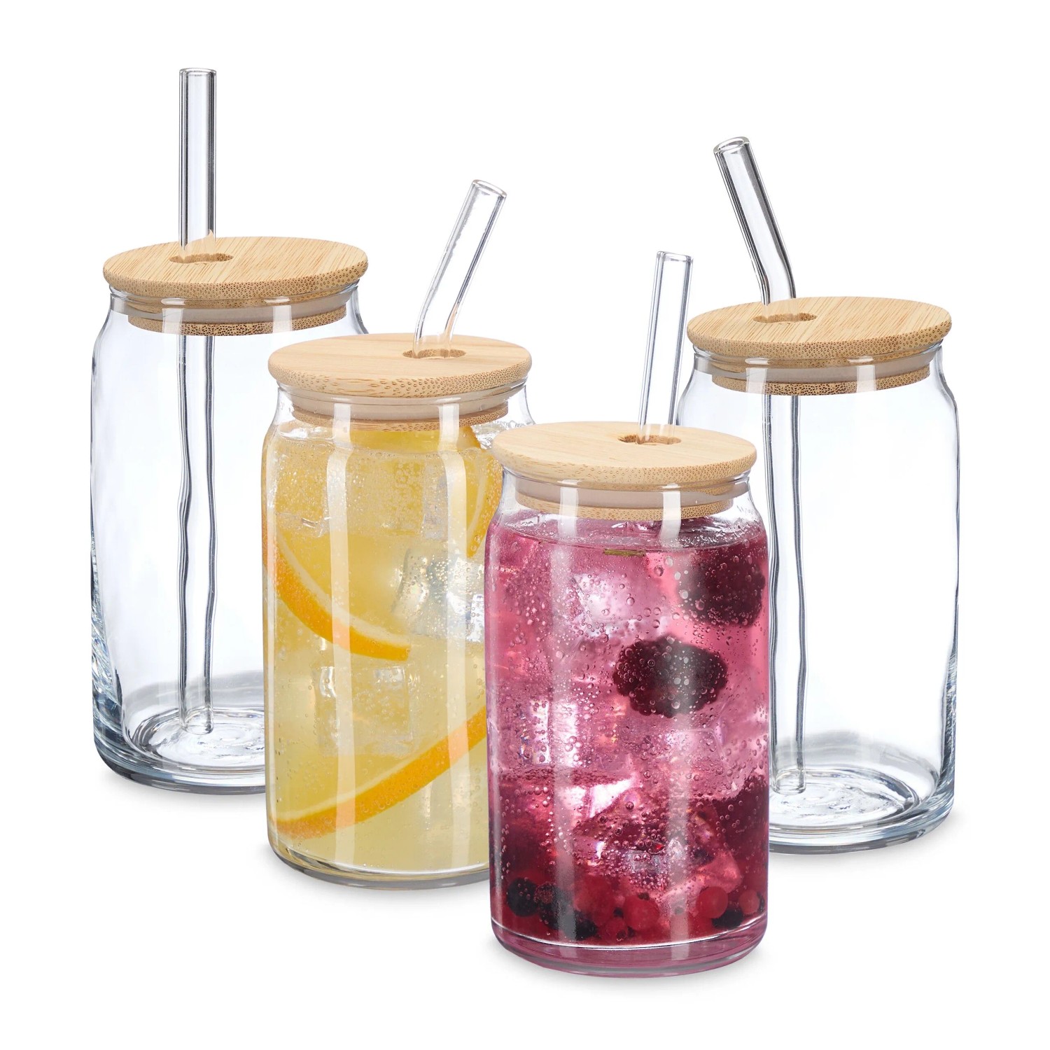 Relaxdays Trinkgläser 4er Set Glas Transparent Mit Bambusdeckel und Strohhalmen 14 cm x 7,5 cm