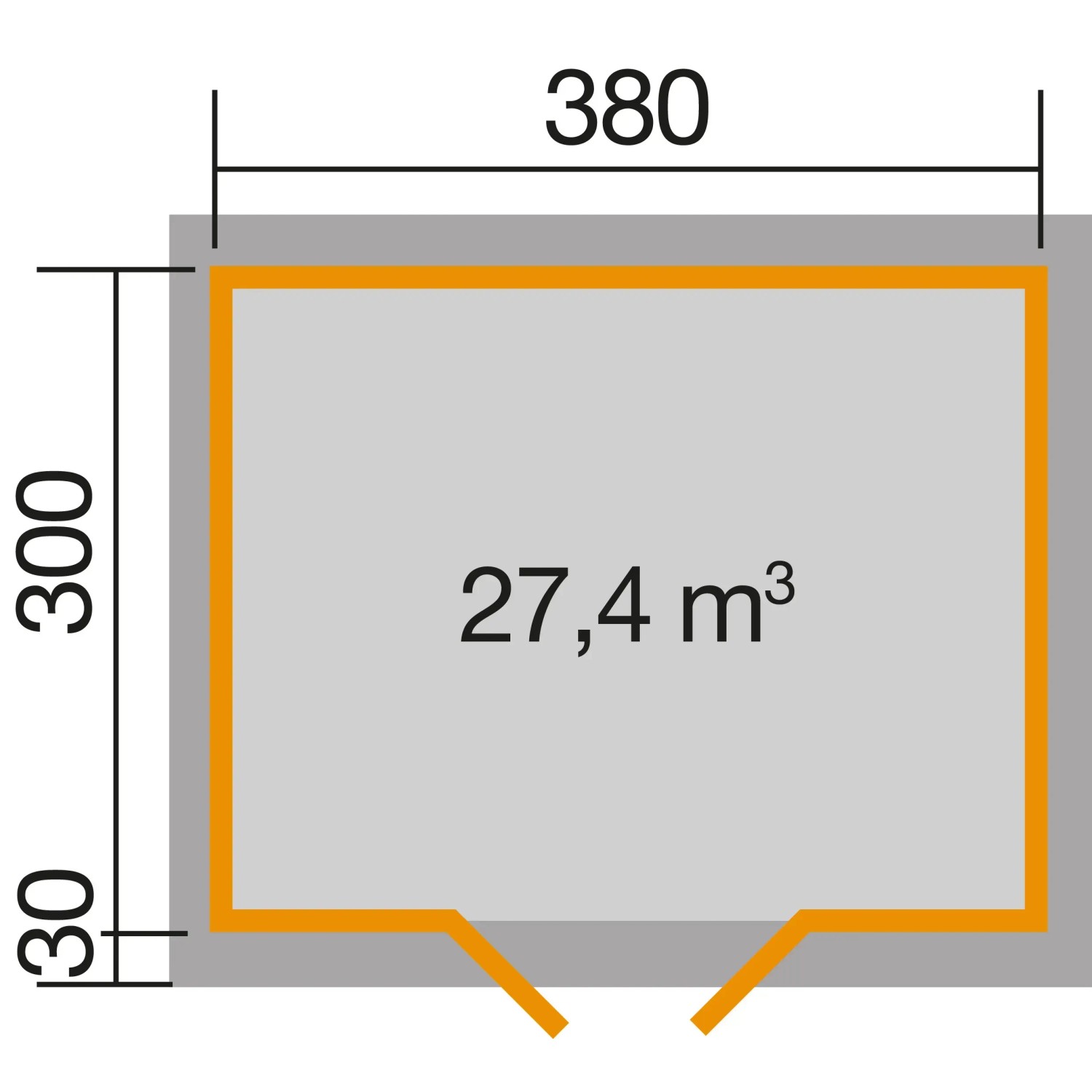 Grundriss Weka Holz-Gartenhaus: 300x380 cm, Pultdach, unbehandelt.