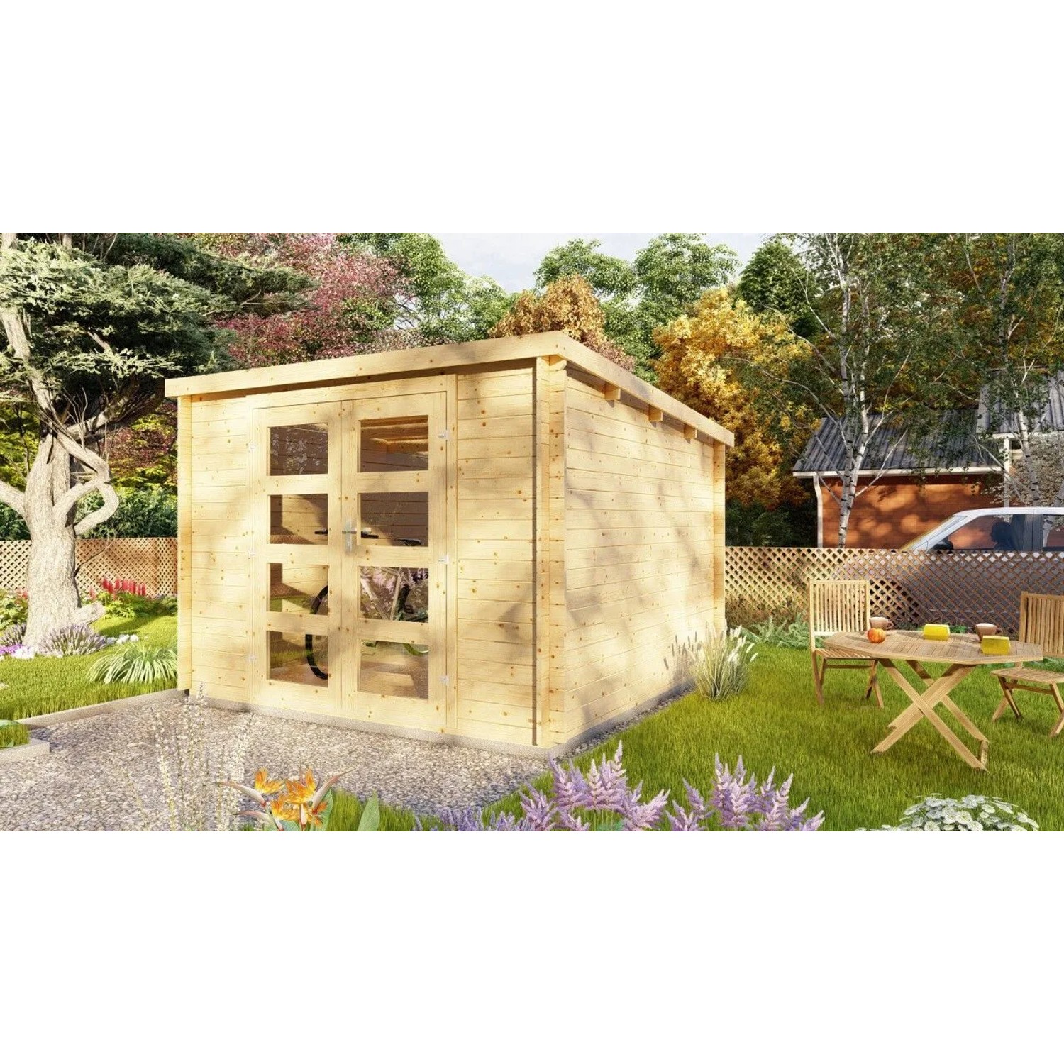 Finn Art Blockhaus 28mm Flachdach Holz Gartenhaus 3x3m Funny 2 mit Fußboden