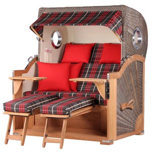 Komplettset: Strandkorb Königssee Teak, grau, mit Bullauge, Fußstützen, Tischen und Schutzhülle.