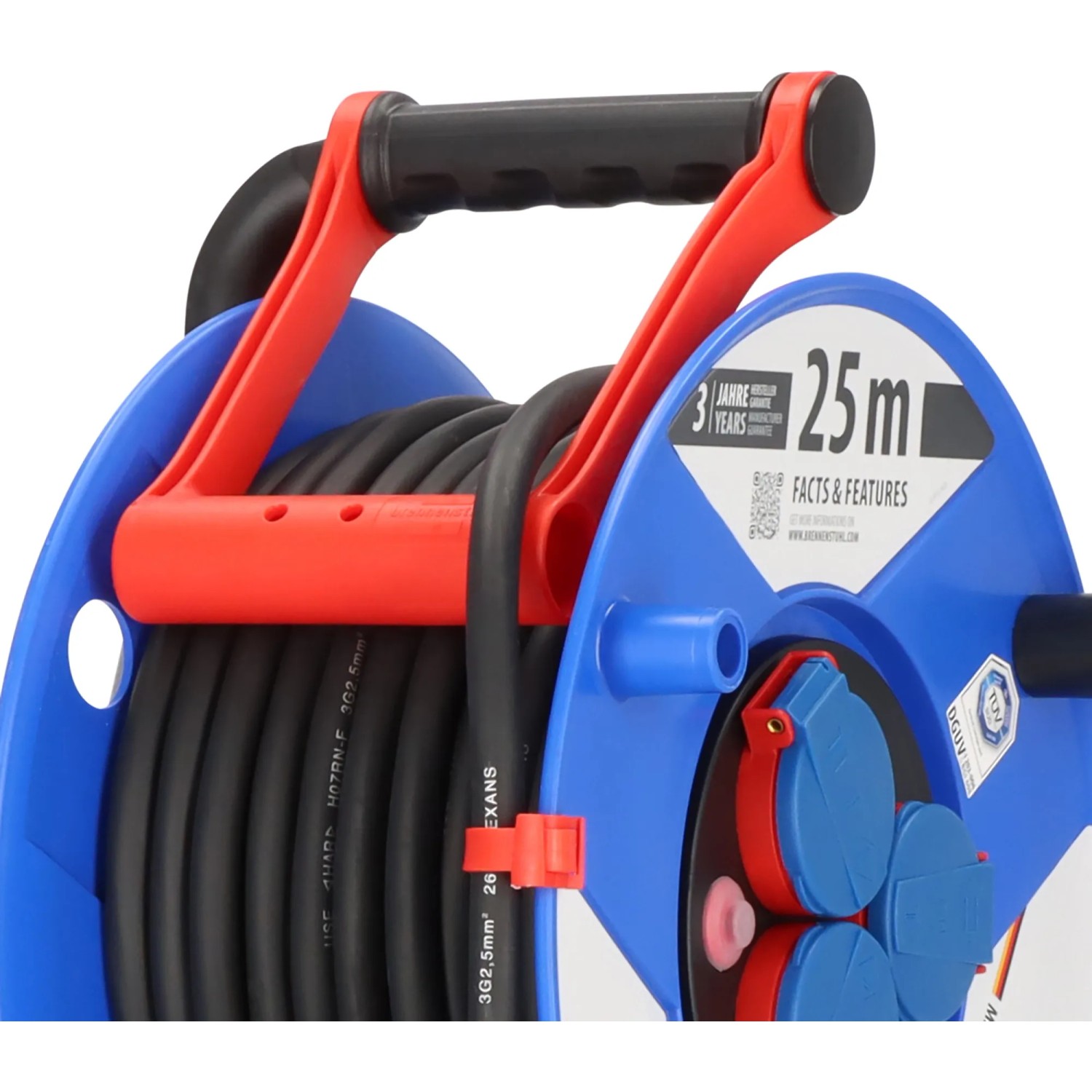 Blaue Garant Kabeltrommel 25m mit 3 Schutzkontakt-Steckdosen und Tragegriff, IP44 für Baustellen und Gewerbe.
