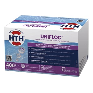 HTH UNIFLOC Flockungsmittel, 400g Packung mit 40g Tabletten zur Schmutzpartikelentfernung im Pool.
