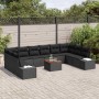 Schwarzes 11-tlg. vidaXL Garten-Sofa-Set aus Poly Rattan mit Tisch und Kissen.