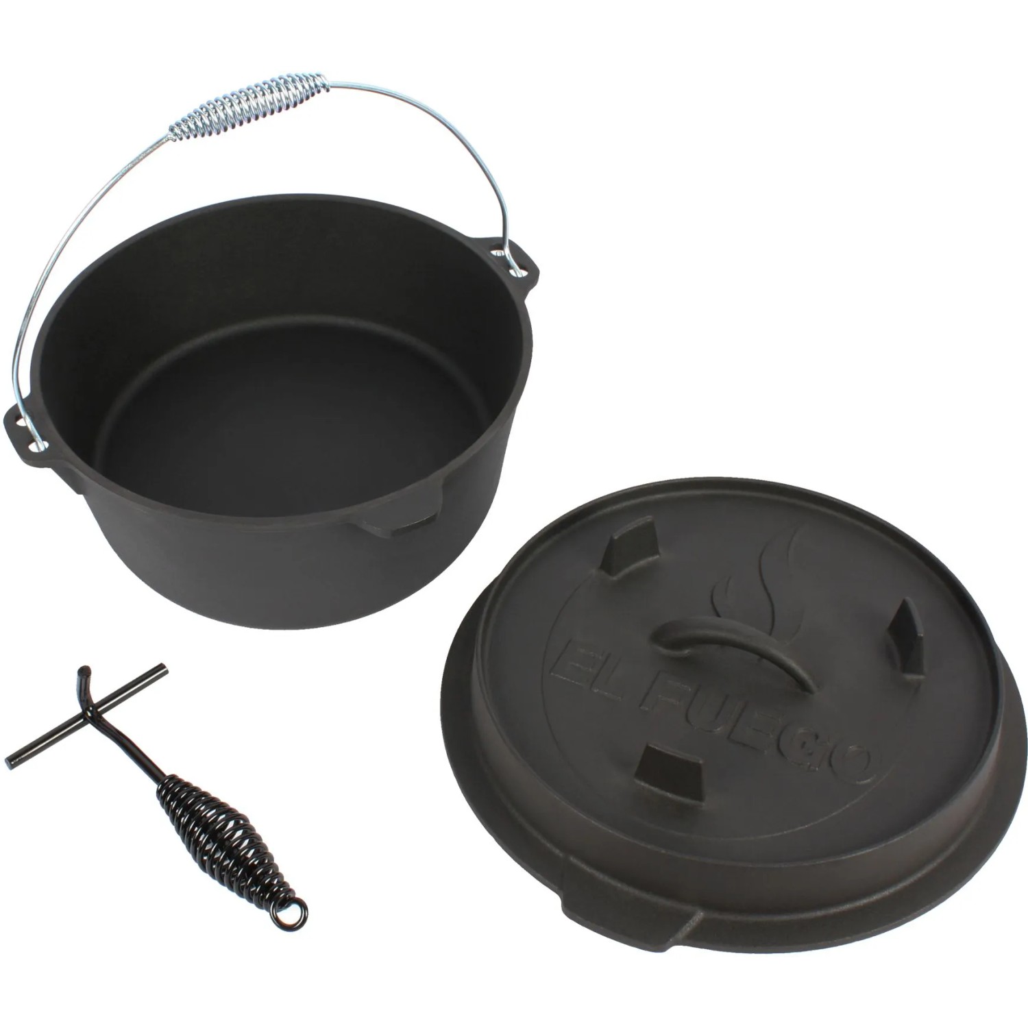 El Fuego Dutch Oven Set: Gusseisen Topf (7,2 l), Deckel (1,8 l) und Deckelheber. Ideal für Grill & Outdoor.