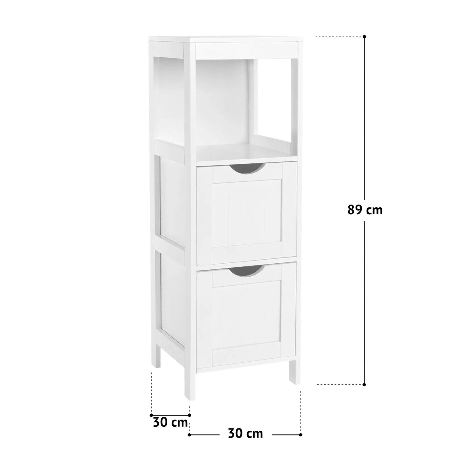 Svita Lintu Badregal, weißes Standregal mit 2 Schubladen und offenem Fach, Holzoptik.