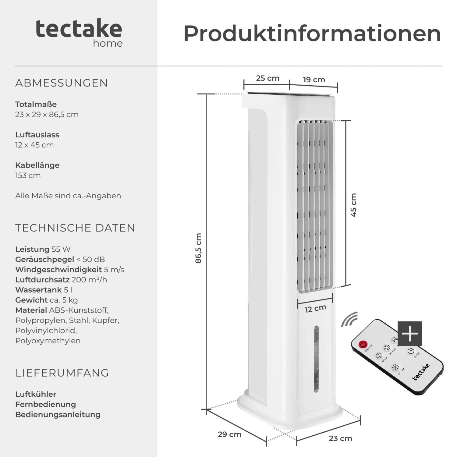 Weißer Tectake Luftkühler Alaska mit Fernbedienung, Klimagerät für kühlere Raumluft.