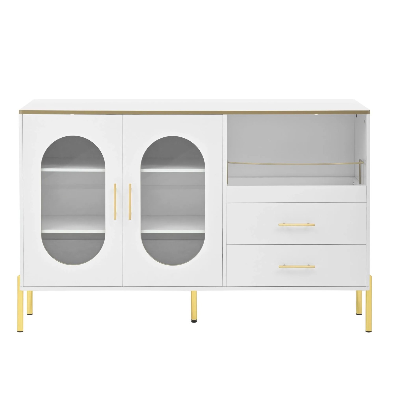 Sideboard 140x38x90 cm Weiß mit 2 Schubladen 2 Glastüren und Goldfarbenen Akzenten