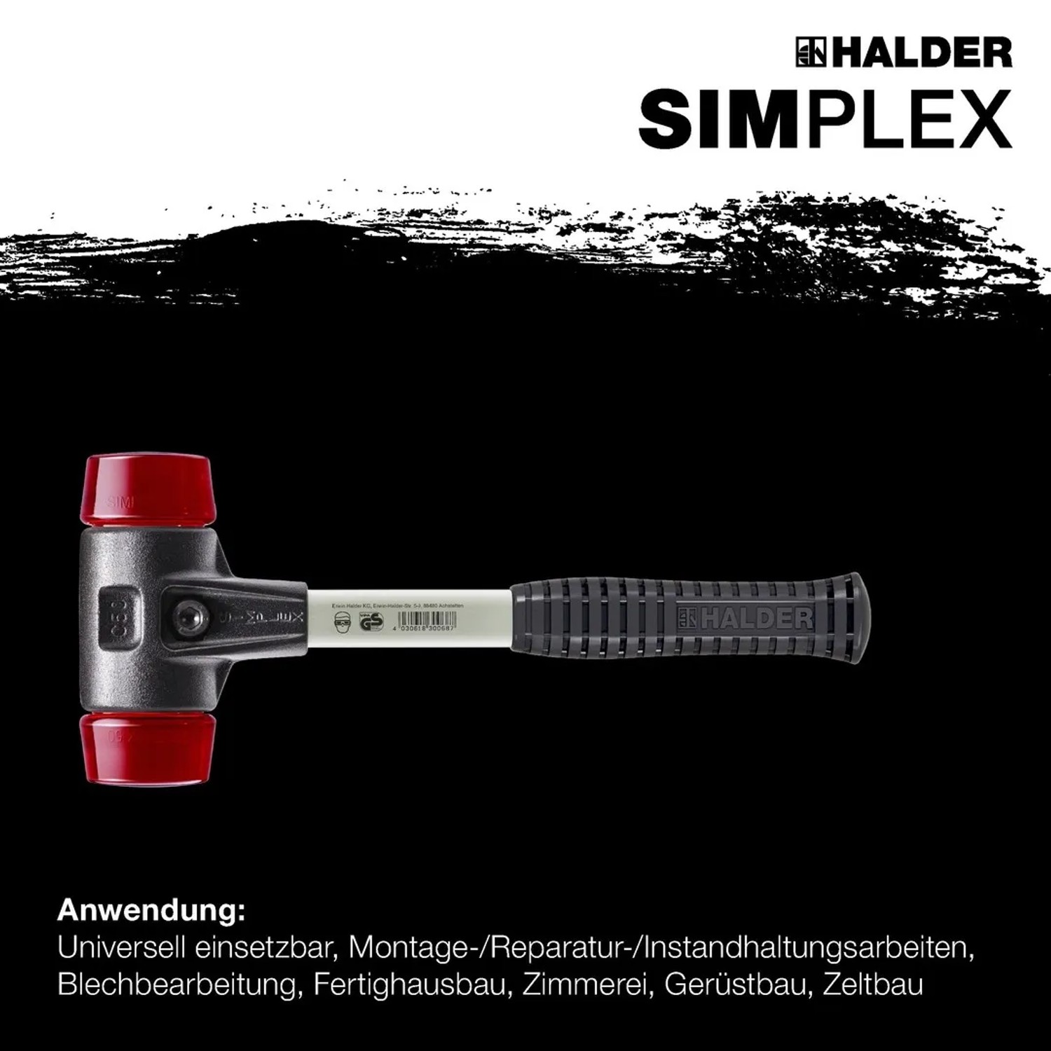 Halder Simplex Schonhammer Ø 50 mm mit roten Plastikeinsätzen, schwarzem Tempergussgehäuse und Fiberglasstiel.