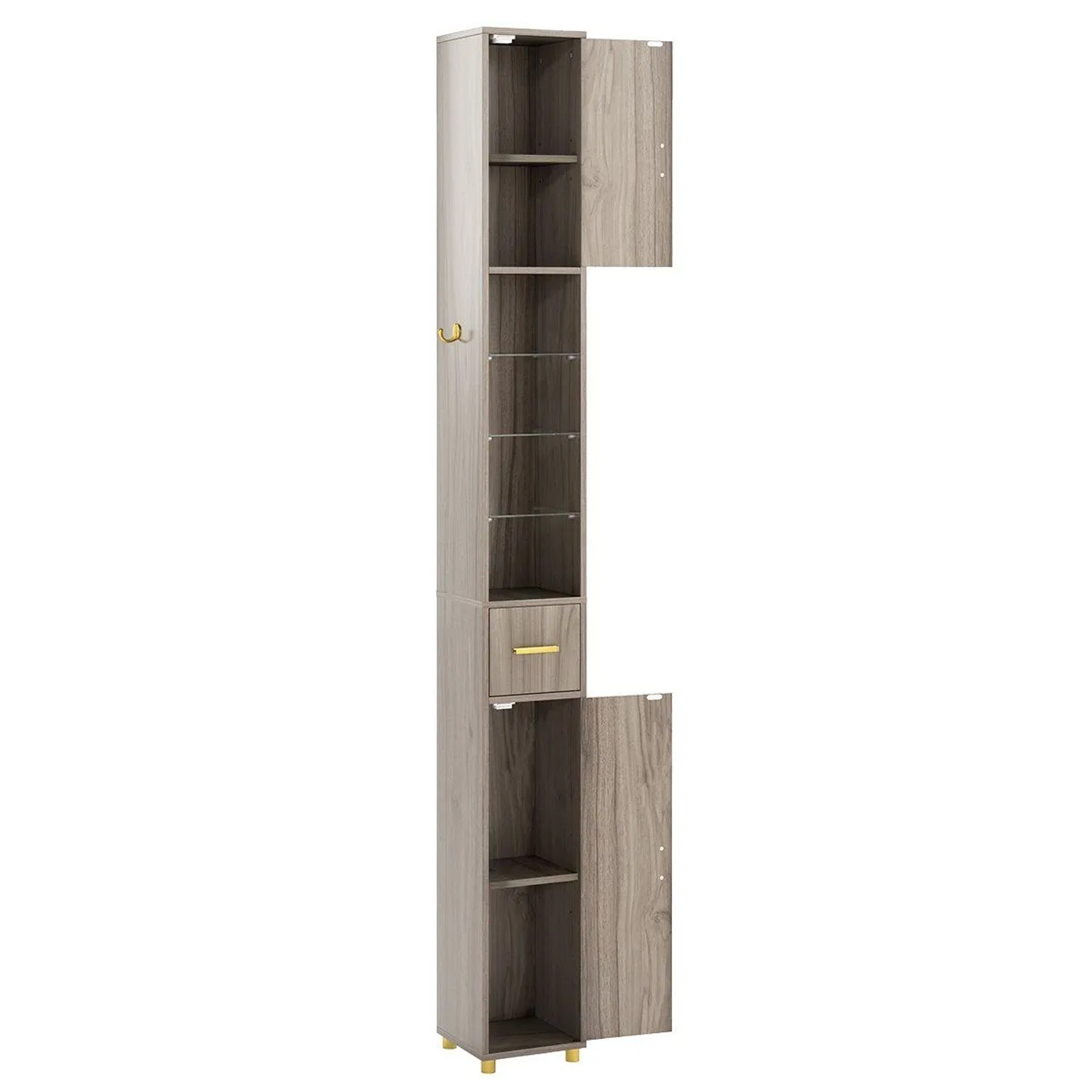 Costway Badschrank Hochschrank mit Beleuchtung & 3 Glasablagen Braungrau