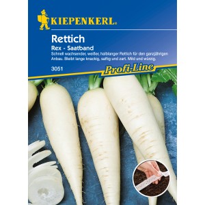 Rettich Rex Saatband: Weiße, längliche Rettiche auf der Saatband-Verpackung.