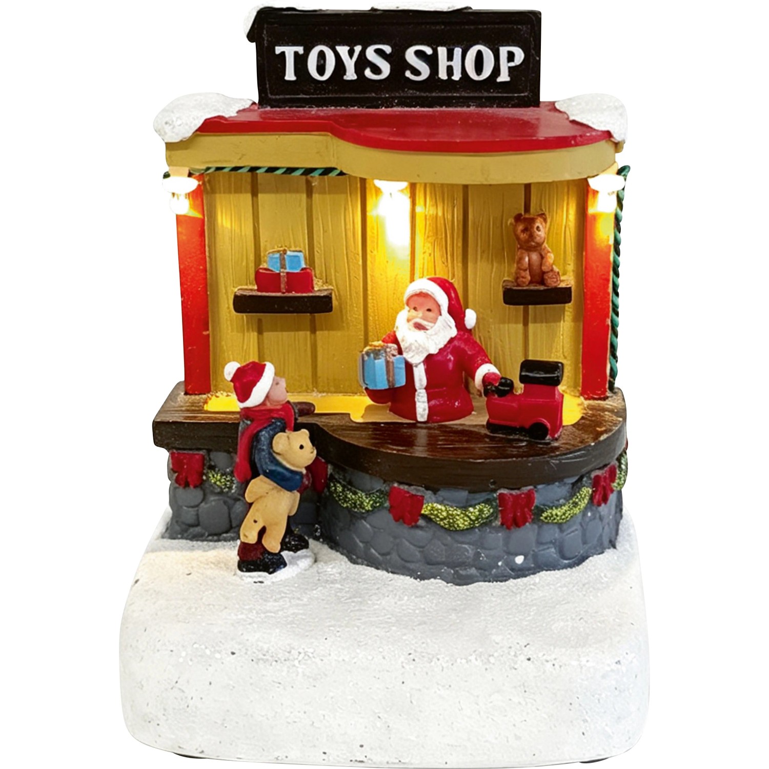 Beleuchtete Weihnachtsdorf Szene: Santa im Spielzeugladen mit Kind und Geschenken. Festliche Polyresin Dekoration.