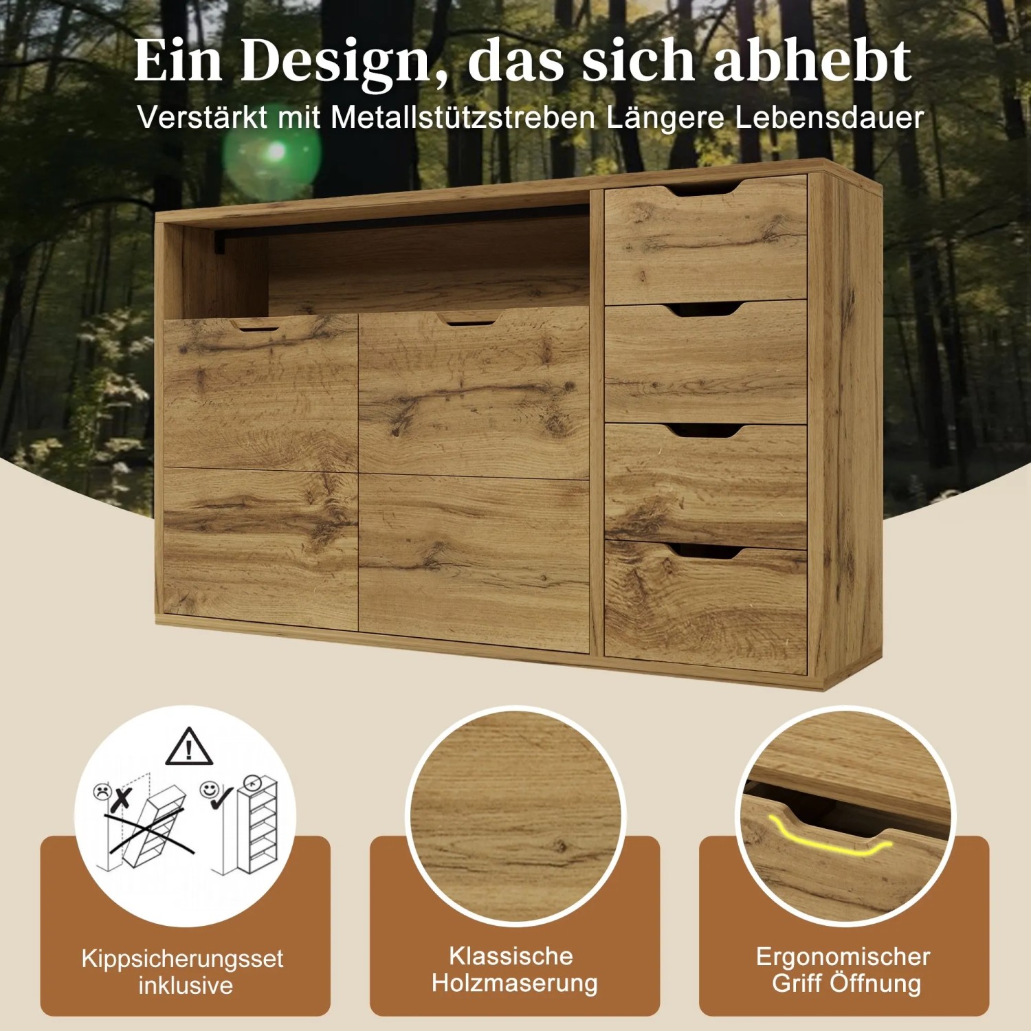 Merax Sideboard Eiche mit 4 Schubladen, Schrank und offenem Fach. Moderne Kommode mit Holzmaserung und Stauraum.