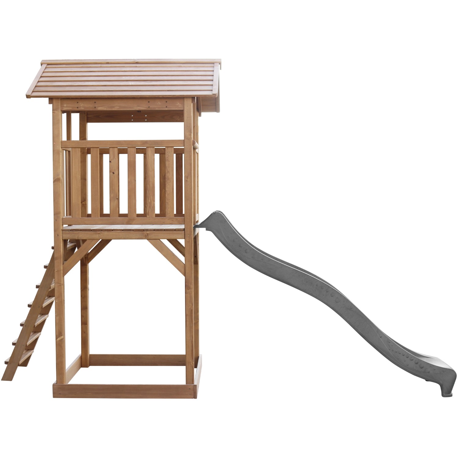 Axi Beach Tower Spielturm aus Holz mit grauer Rutsche und Leiter.