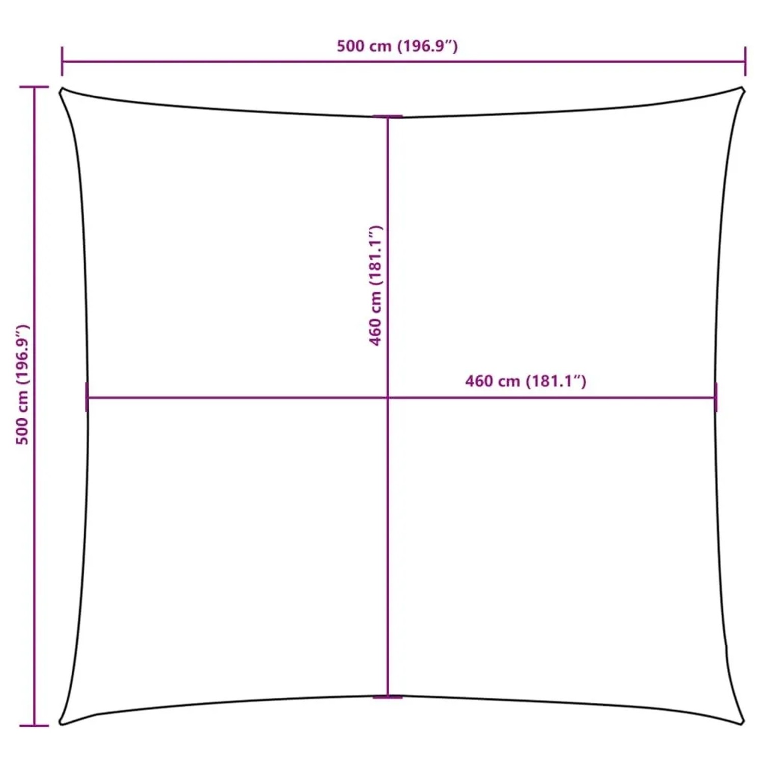 Quadratisches, taupefarbenes Sonnensegel (5x5 m) aus Oxford-Gewebe mit Maßangaben.