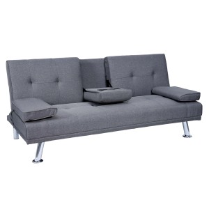 Dunkelgraues 3er-Sofa mit Tassenhalter und Schlaffunktion.