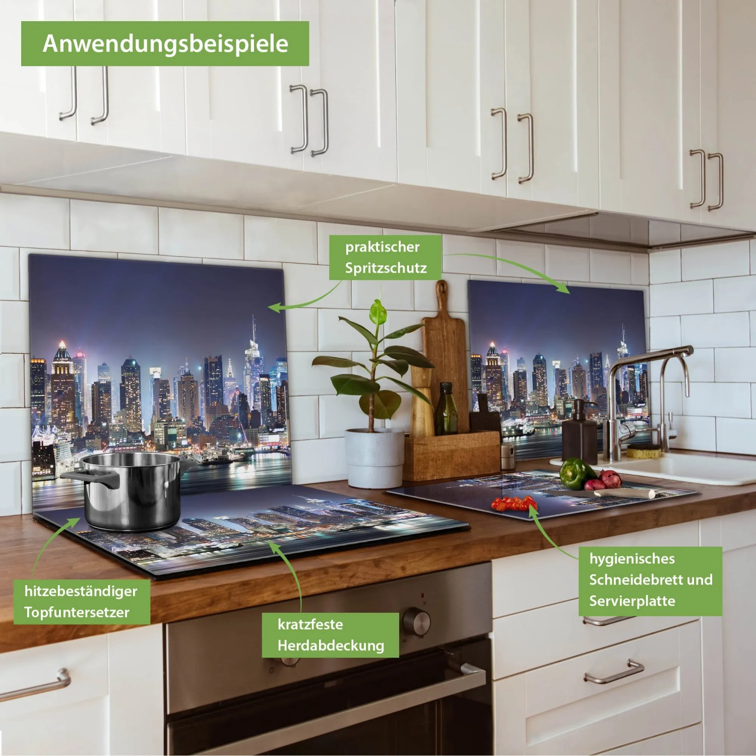 Banjado Herdabdeckplatte Glas mit New York Motiv als Schneidebrett und Spritzschutz in Küche.