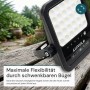 Schwarzer LUXULA LED Solarstrahler mit schwenkbarem Bügel für flexible Ausrichtung.