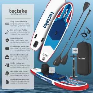 Tectake Stand Up Paddle Board 2in1 Set, rot/blau, mit Paddel, Pumpe und Rucksack.