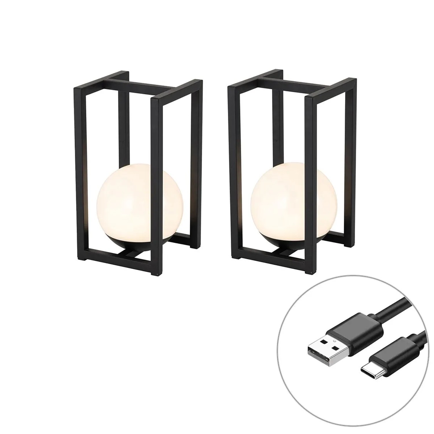 QAZQA Set mit 2 Outdoor-Tischlampen Schwarz mit Touch-Ladefunktion Nowi