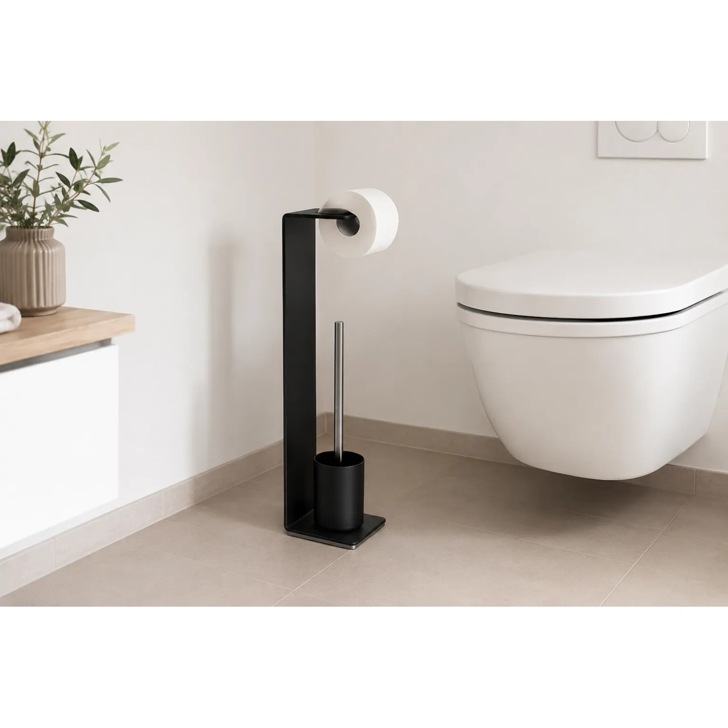 Schwarzer Radius Design Toilettenbutler Puro aus Aluminium mit Papierrollen- und WC-Bürstenhalter im modernen Bad.