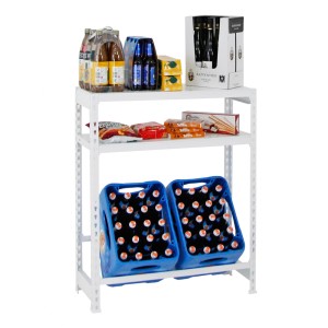 Weißes PROREGAL Getränkekistenregal Camel mit 3 Ebenen und Getränken/Snacks.