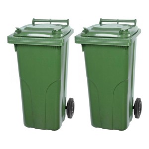 Zwei grüne 120-Liter-Mülltonnen aus HDPE-Kunststoff mit Rädern, PROREGAL SuperSparSet.