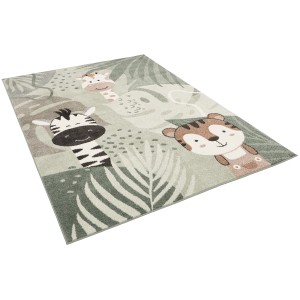 Grüner Kinderteppich 200x290cm mit Safari-Motiv: Zebra, Giraffe und Tiger.