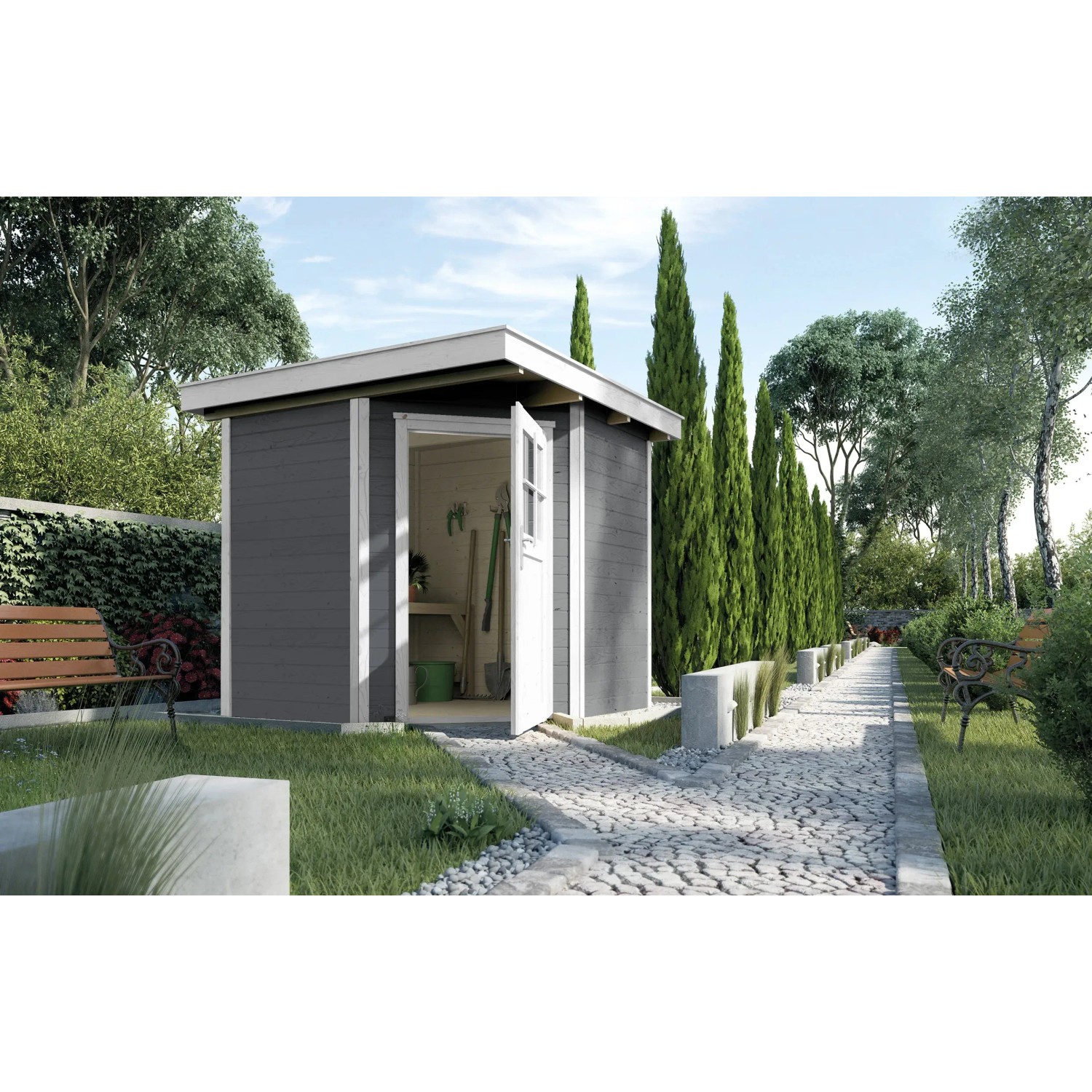 Graues weka Holz-Gartenhaus Angolo B mit Flachdach und geöffneter Tür in Gartenumgebung.
