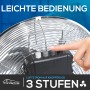 TroniTechnik Bodenventilator: Detailaufnahme der 3 Geschwindigkeitsstufen am silbernen Ventilator.