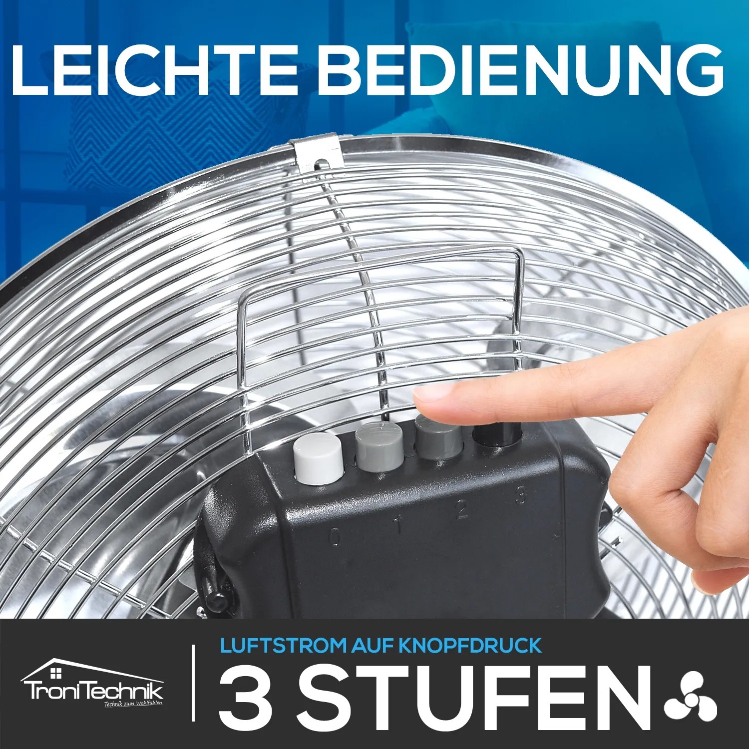 TroniTechnik Bodenventilator: Detailaufnahme der 3 Geschwindigkeitsstufen am silbernen Ventilator.