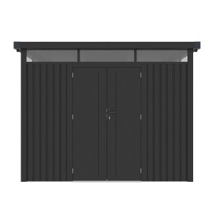 Juskys Gerätehaus Luzern 8,6 m² in Anthrazit mit Doppeltür und Fensterband.