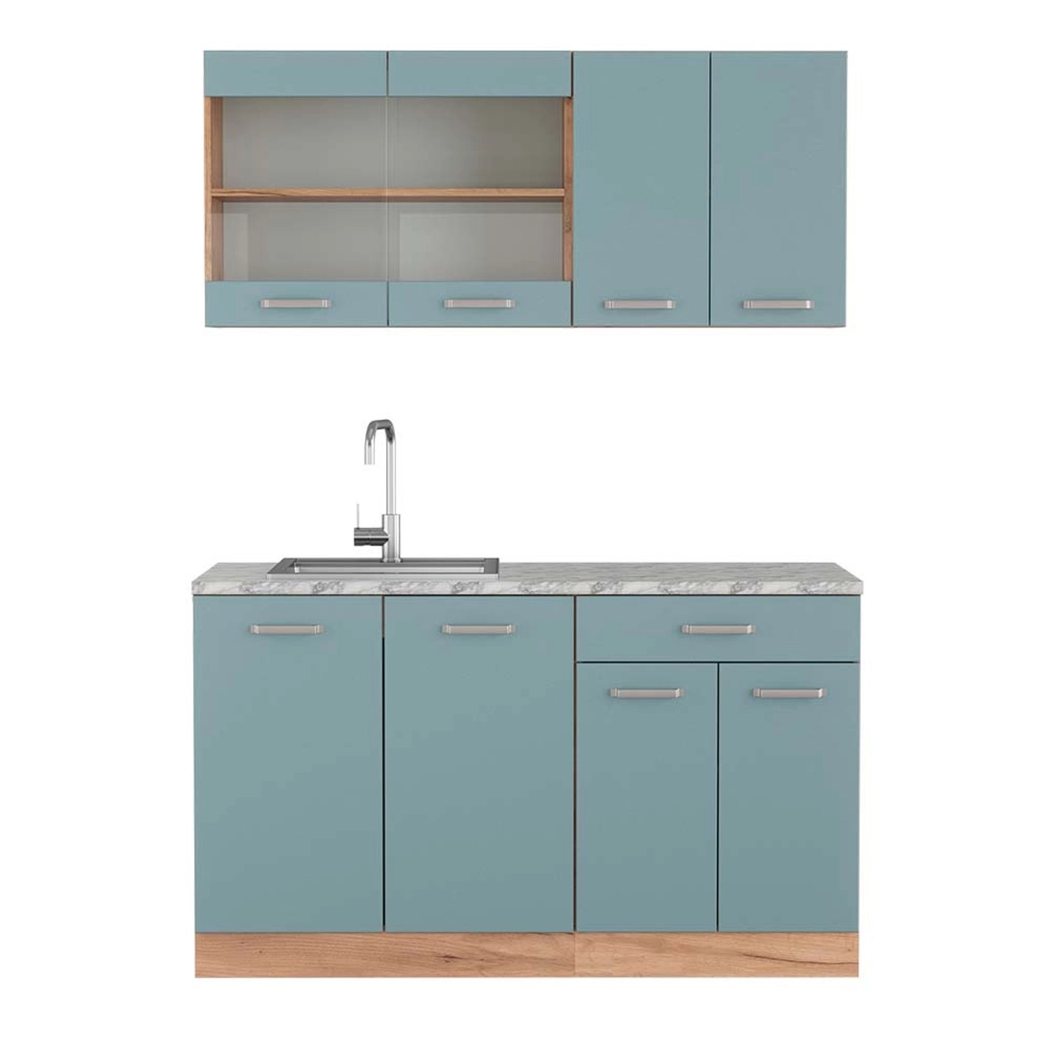 Vicco R-Line Singleküche Blau-Grau/Goldkraft Eiche 140 cm AP Marmor günstig online kaufen