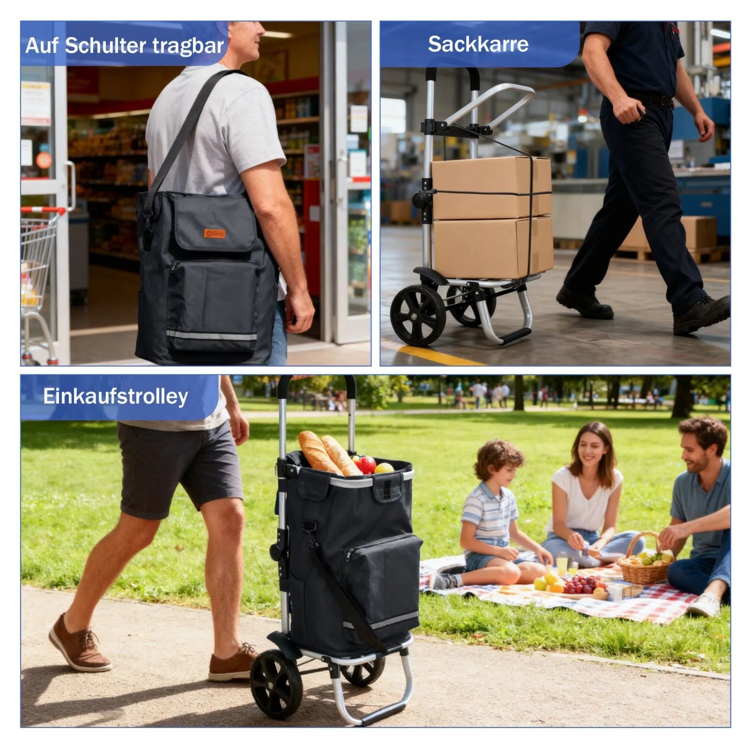 Sekey 3-in-1 Einkaufstrolley: Faltbarer Trolley als Einkaufswagen, Sackkarre und Umhängetasche in Schwarz.
