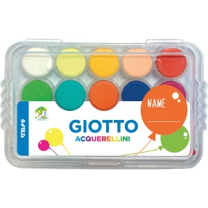 Giotto Mini Wasserfarben Set mit 15 Farben und Pinsel im transparenten Kasten.