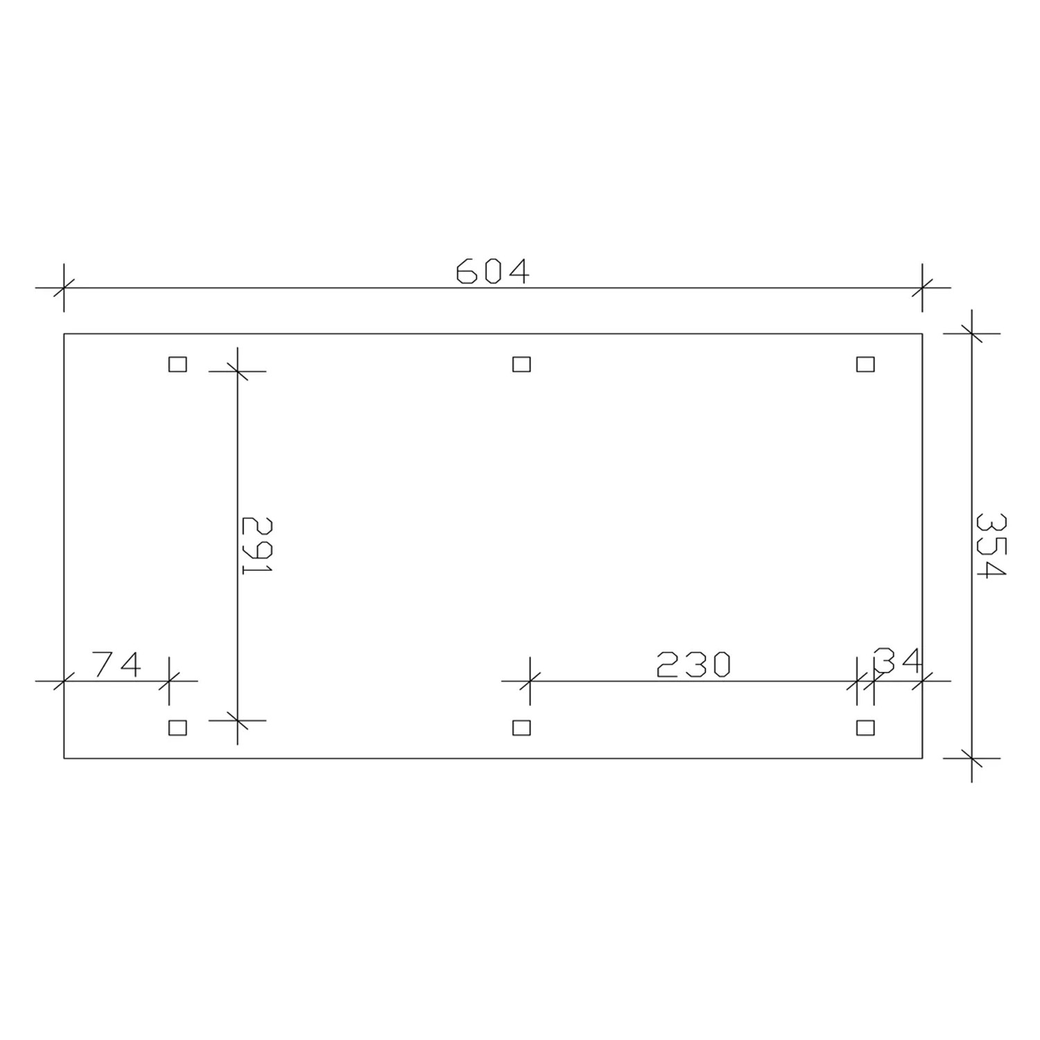 Maße des Skan Holz Flachdach-Einzelcarports Emsland: 354 x 604 cm, Pfostenanordnung.