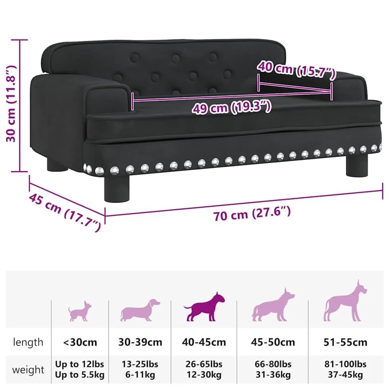 Schwarzes Hundebett aus Samt, 70x45x30 cm, mit gepolsterter Rückenlehne und silbernen Ziernieten. Gemütliches Hundesofa.