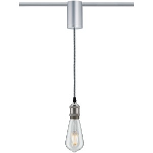 URail Universal Pendel Adapter in Chrom matt für Schienensysteme, mit montierter Glühbirne.