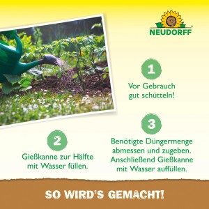 Anwendung des Neudorff Universal-Dünger Flüssig Azet: Gießkanne befüllen, Dünger hinzufügen, Pflanzen gießen.