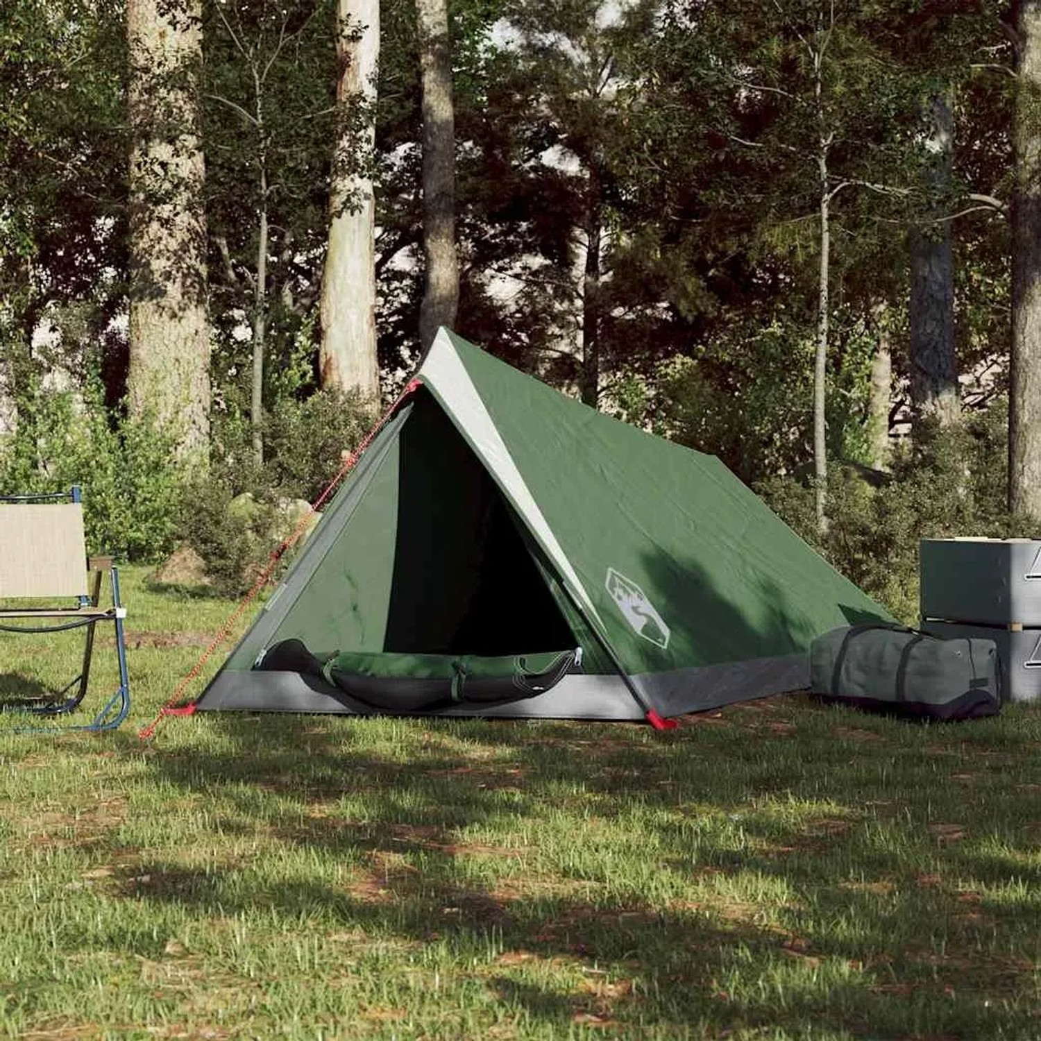 Grünes 2-Personen-Campingzelt von vidaXL, wasserfest, im Wald aufgebaut.