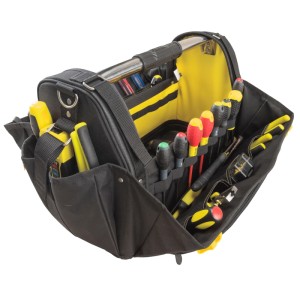 Offene STANLEY FATMAX Trage Quick Access, schwarz-gelb, mit Stahlgriff und organisierten Werkzeugen im Werkzeugkoffer.