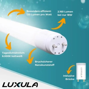 LUXULA LED T8 Röhre 150cm, 22W, kaltweiß, mit Brücke im 5er-Set. Leuchtmittel für helle Beleuchtung.