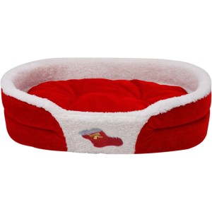 Rotes Heim Haustierbett mit weihnachtlichem Motiv und herausnehmbarem Kissen, Größe M.