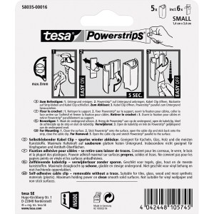 Tesa Powerstrips Kabel Clip, 5 Stück, weiß, zur einfachen Kabelfixierung bis 8mm Durchmesser.