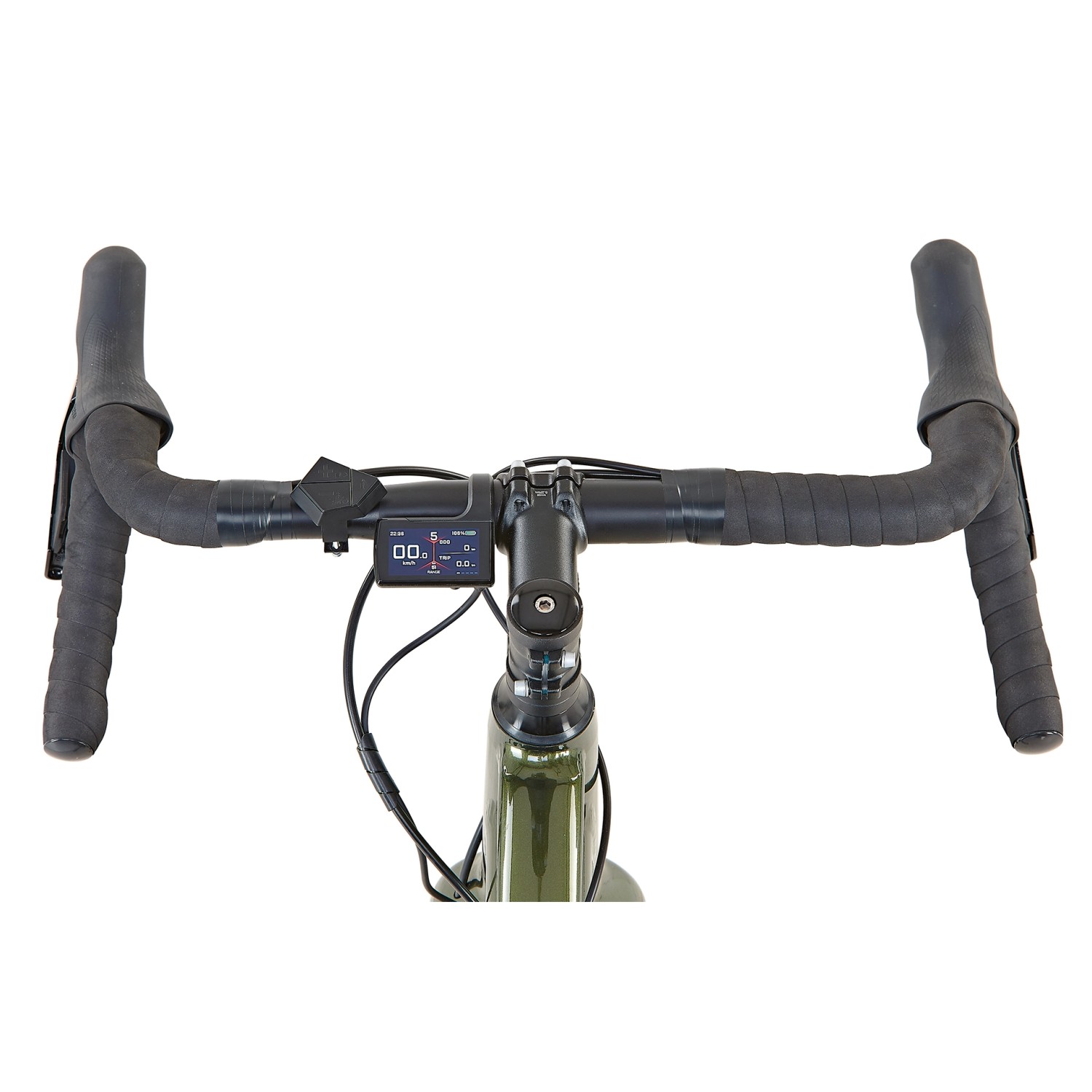 Detailaufnahme: Lenker des grünen Prophete Gravel E-Bike Graveler 1.0 mit Display.