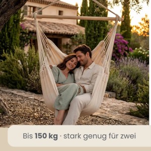 Beiger AMANKA Hängesessel aus Baumwolle mit Holzstab, für zwei Personen im Garten. Belastbar bis 150 kg.